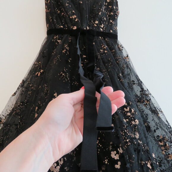 MARCHESA NOTTE Flocked Glitter Tulle Tea Length Dress Black Gold - Size 4 - Picture 12 of 15